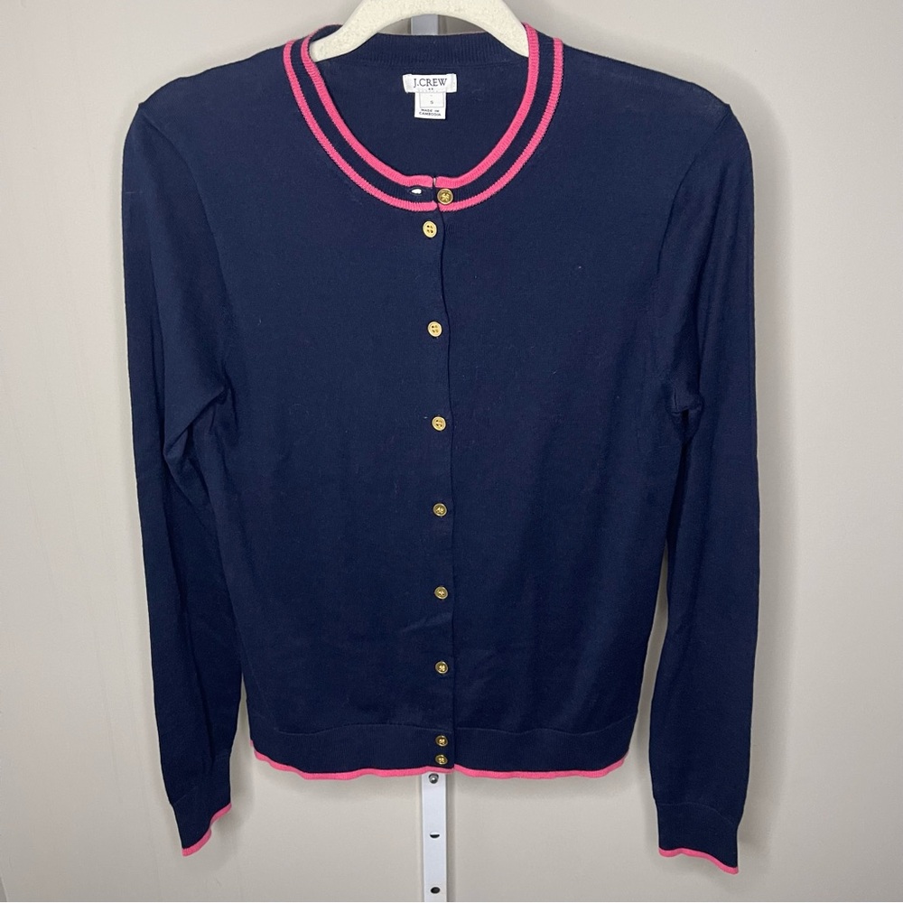 J.Crew Navy Blue Cardigan Pink Trim Gold Buttons Cotton Sweater Size Small
